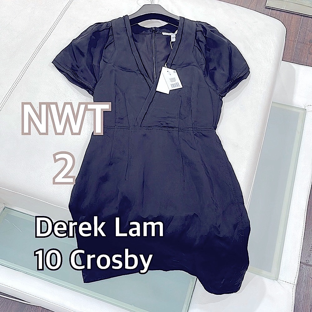 Derek Lam Crosby dress black linen satin cocktail v neck knee length nwt 2